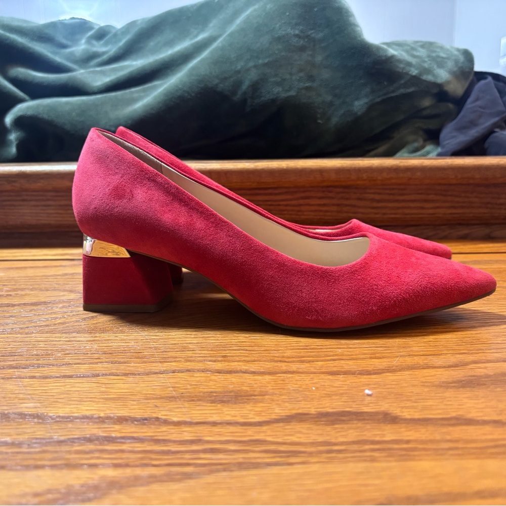 Alex Marie Red Suede Heels with Gold Accent